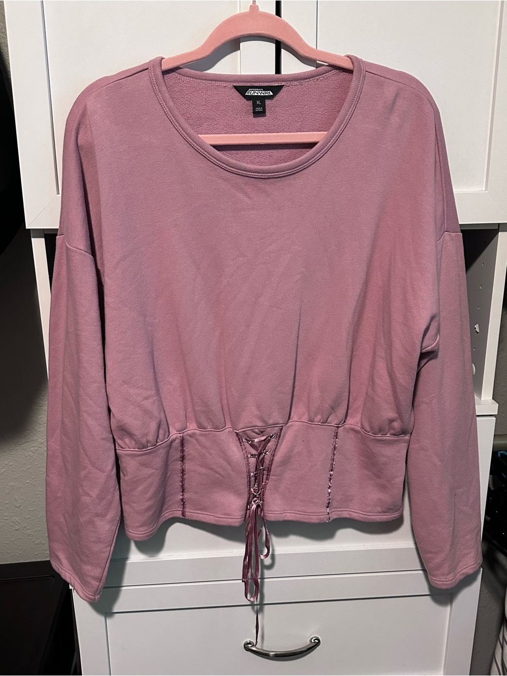 Project Runway Mauve Lace Up Corset Waist Sweatshirt Top Size XL